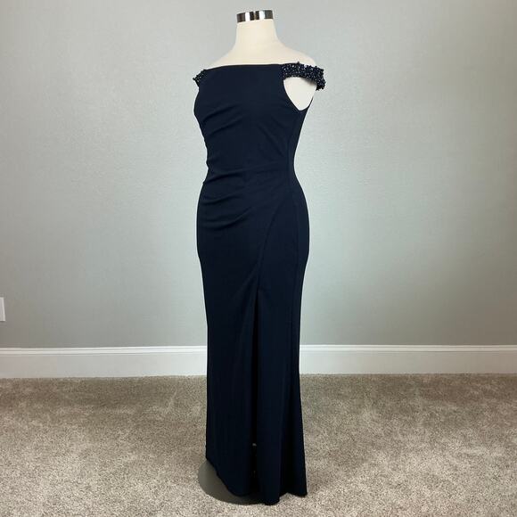 Adrianna Papell Beaded Off the Shoulder Evening Gown Blue Size 12 Thigh Slit - Picture 4 of 14